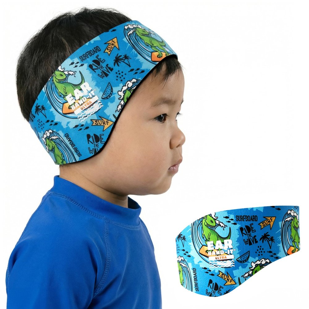 Earvolution Ear Band-It Ultra Swimming Headband, American Brand, Doctor-Invented - Sensory-Friendly- Anti-Slip Grip &Thick Neoprene for Max Protection/Comfort, Holds Earplugs in, (Dino, Small)
