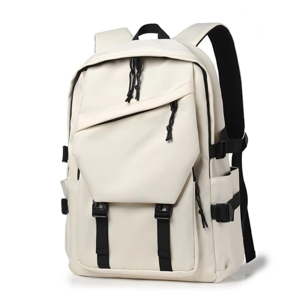 15-inch Nylon Waterproof Backpack Trendy Travel Bag High Capacity with Side Pockets Daily Bag for Men Women (White)