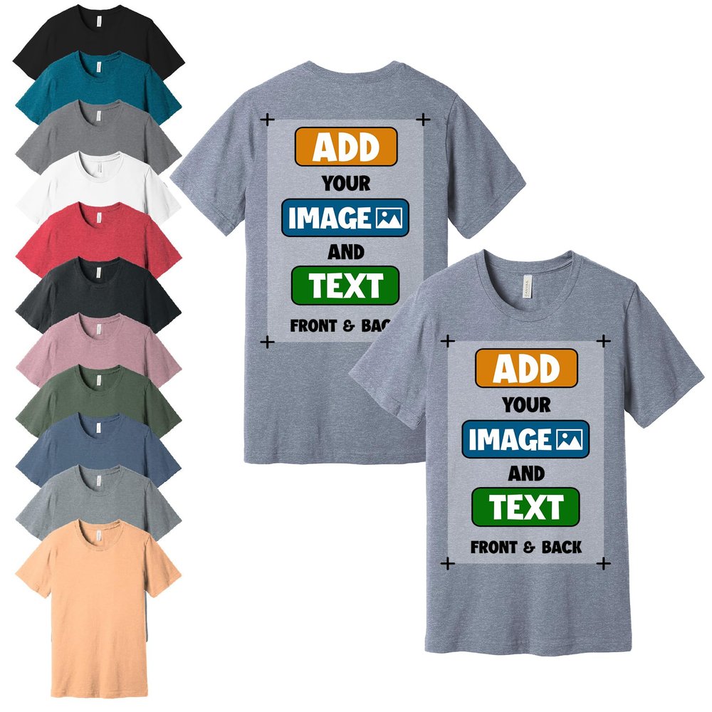Custom T-Shirts, Heather Navy, Large - Personalized Front and Back Printed Unisex Tee Shirts - Customized Design Your Own T-Shirt for Men, Women with Text, Photo or Logo