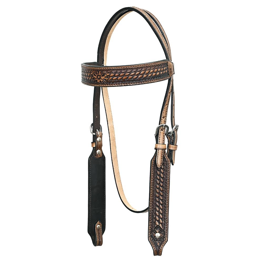 HILASON Western Horse Headstal Basketweave American Leather Dark Brown | Headstall for Horses |Headstall Show