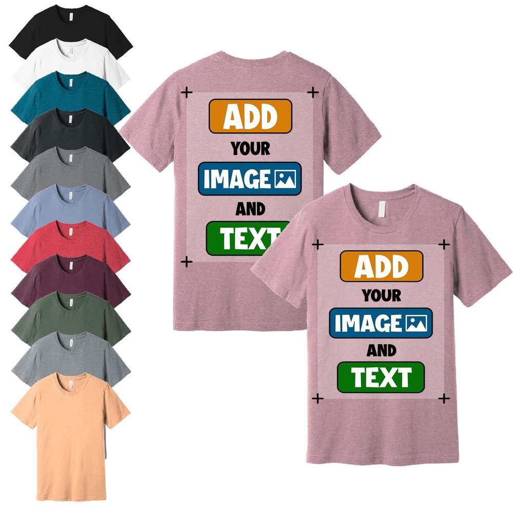 Custom T-Shirts, Heather Orchid, Large - Personalized Front and Back Printed Unisex Tee Shirts - Customized Design Your Own T-Shirt for Men, Women with Text, Photo or Logo
