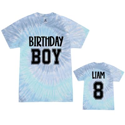 Personalized Birthday Boy Tie Dye T-Shirt - Customizable Name and Age on Back - Toddler, Youth, and Adult Sizes Tie-Dye Tee Shirt, Lagoon or Blue Jerry (Adult 2XL, Blue Jerry)