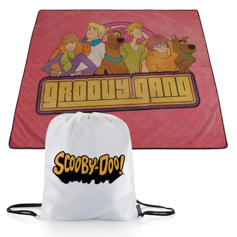 PICNIC TIME Scooby Doo Impresa Picnic Blanket, Extra Large Lightweight Fleece Beach and Outdoor Blanket with Drawstring Backpack and Easy Fold Design (Black and White)