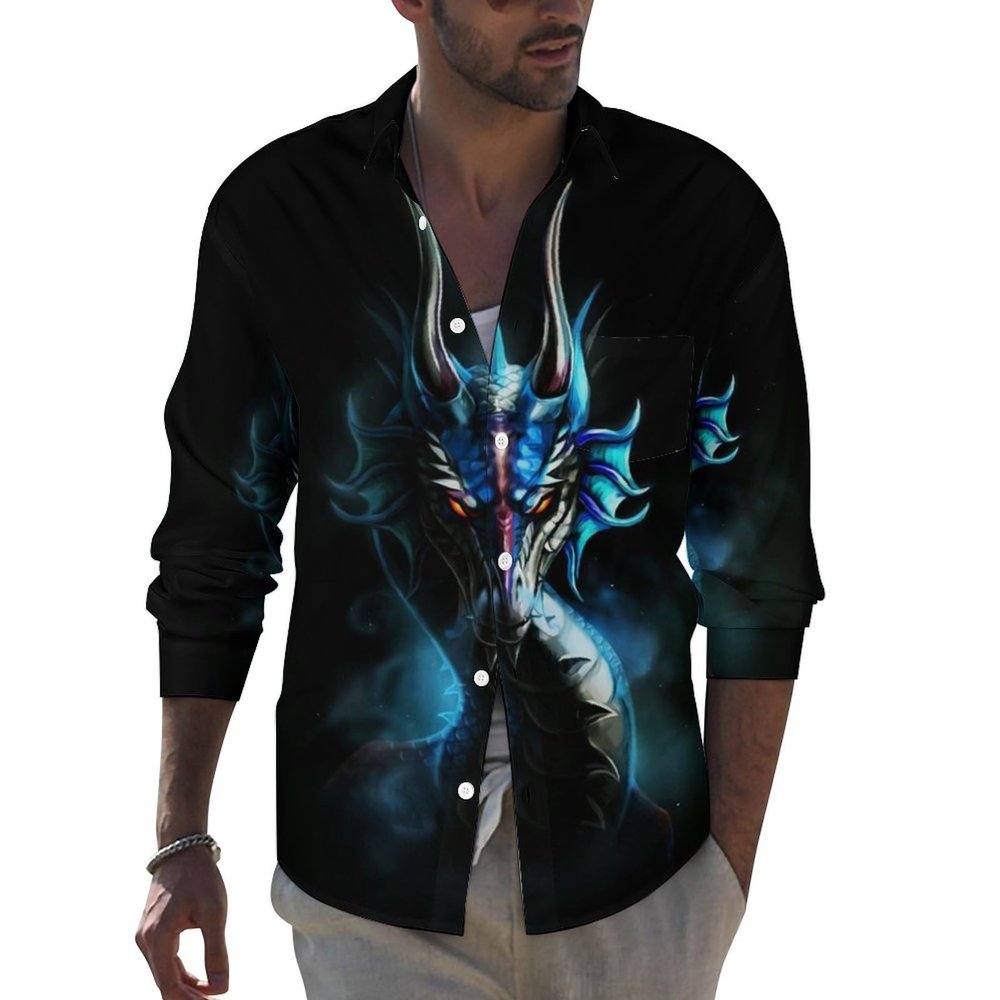Dragon Men's Shirt Long Sleeve Button Down Shirts Casual Blouse Tee Top with Pocket XL