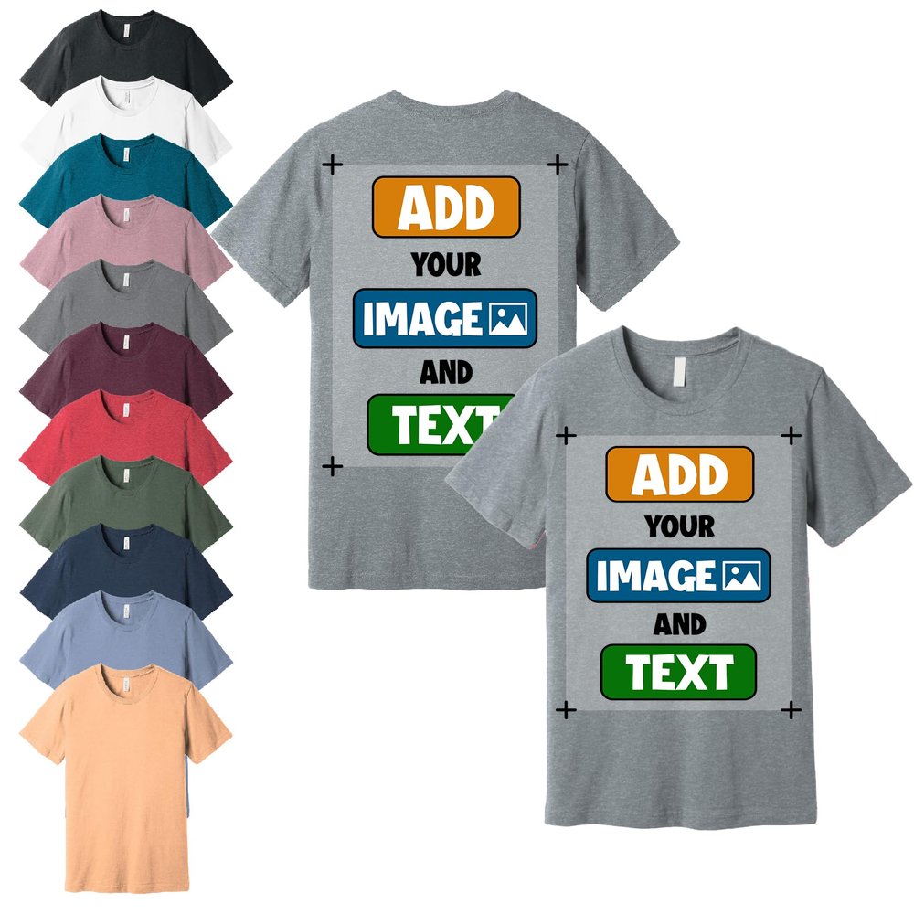 Custom T-Shirts, Heather Grey, 2X-Large - Personalized Front and Back Printed Unisex Tee Shirts - Customized Design Your Own T-Shirt for Men, Women with Text, Photo or Logo