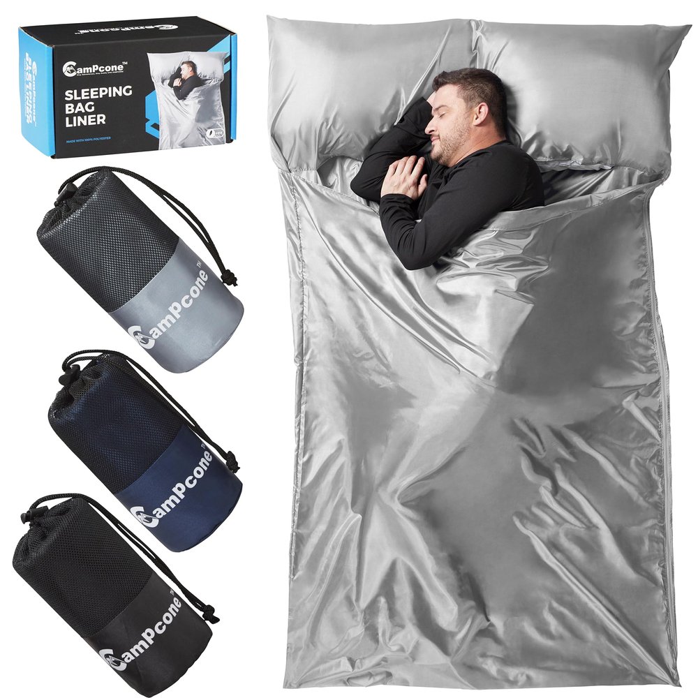 CAMPCONE Silky Sleeping Bag Liner Cold/Warm WeatherXL Travel Sheets for Hotel 85"52" Lightweight Sleep Sack with Zipper & Pillow Pocket-100% Polyester Adult Sleep Sack - Hotel Sleeping Bag. (Grey)