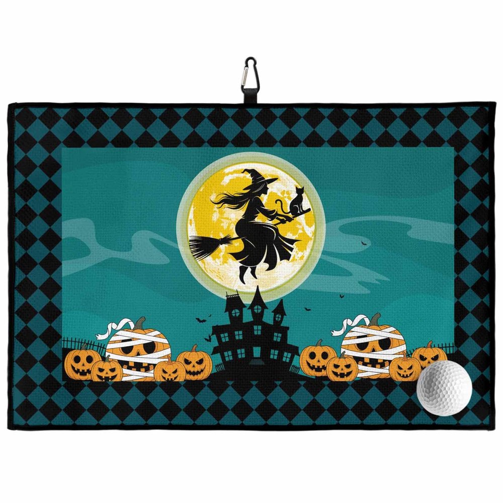 Golf Towel, Golf Accessories for Men, Halloween Haunted House Witch Pumpkins Bats Black Cat Golf Towel with Carabiner Clip, Cooling Towels 24x16in Yoga Towel, Microfiber Towel for Gym&Mens Gifts