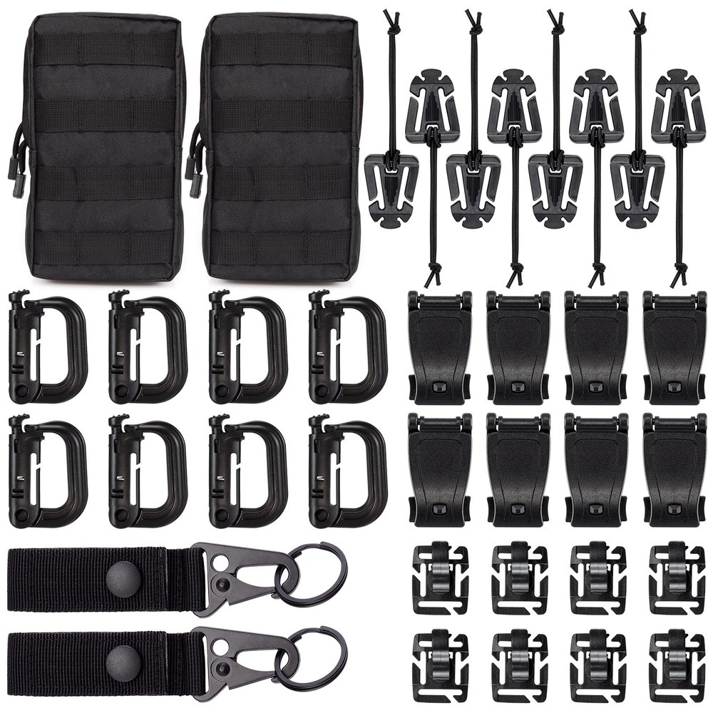 BOOSTEADY 36PCS Attachments for Tactical Backpack Vest Belt,D-Ring Grimloc Locking Gear Clip, Web Dominator Elastic Strings, Strap Management Tool Buckle,Hydration Tube Clips,Key Ring,MOLLE bag