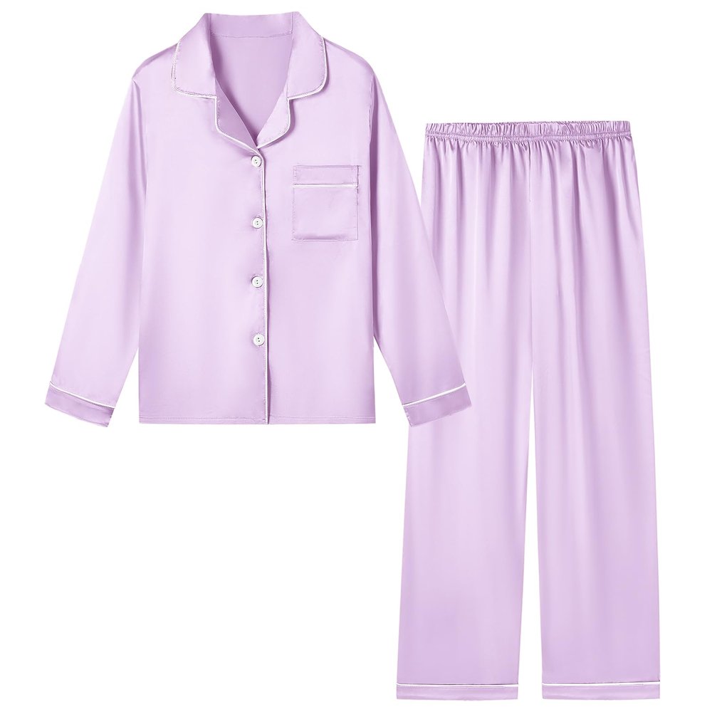 Schbbbta Pajamas for Women, Satin Silk 2 Pec Soft Comfy Sleepwear Long Sleeve Matching Silky Soft Pjs Set Outfits, Lavender, Large