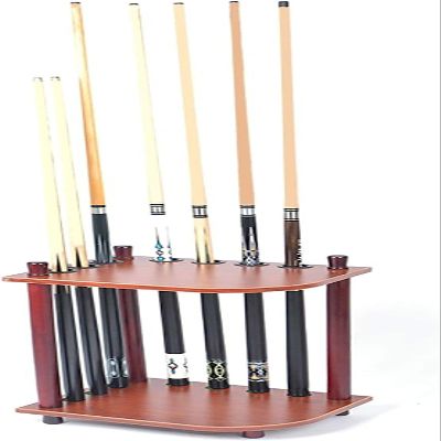 REMYS 7-Hole Pool Cue Rack, Wood Floor-Standing Cue Holder with Pool Ball Groove, for Pool Sticks/Pool Balls/Pool Table Accessories