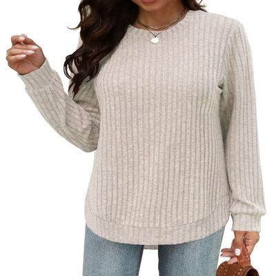 Beimuc Long Sleeve Shirts for Women Tunic Tops 2025 Fall Lightweight Crewneck Sweaters Loose Fit High Low Curved Hem Apricot