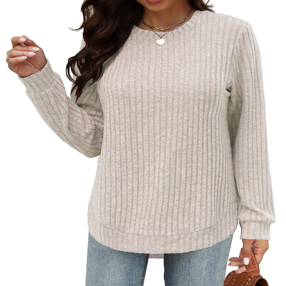 Beimuc Long Sleeve Shirts for Women Tunic Tops 2025 Fall Lightweight Crewneck Sweaters Loose Fit High Low Curved Hem Apricot
