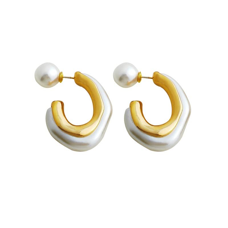 18K Real Gold Plated 925 Sterling Silver Needle Copper Pearl Earrings For Women, Pearl Hoop Earrings, Pearl Dangle Earrings, Pearl Drop Statement Earrings, Chunky Hoop Earrings