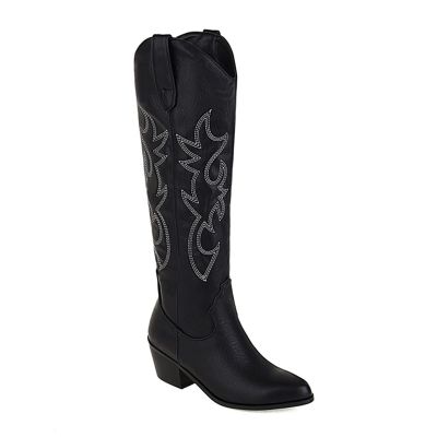 Boots For Women Black Large Women's Cowgirl Embroidered Western Cowboy Boots, Mid Calf Booties Pointed Toe Chunky Heel Pull On Fashion Design Western Boots for Ladies, Party and Outdoor