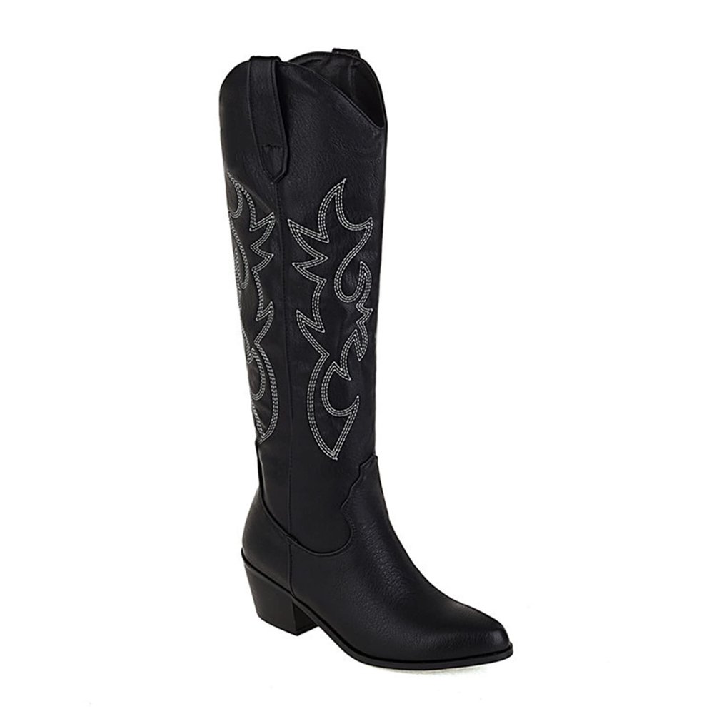 Boots For Women Black Large Women's Cowgirl Embroidered Western Cowboy Boots, Mid Calf Booties Pointed Toe Chunky Heel Pull On Fashion Design Western Boots for Ladies, Party and Outdoor