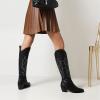 Boots For Women Black Large Women's Cowgirl Embroidered Western Cowboy Boots, Mid Calf Booties Pointed Toe Chunky Heel Pull On Fashion Design Western Boots for Ladies, Party and Outdoor view 4