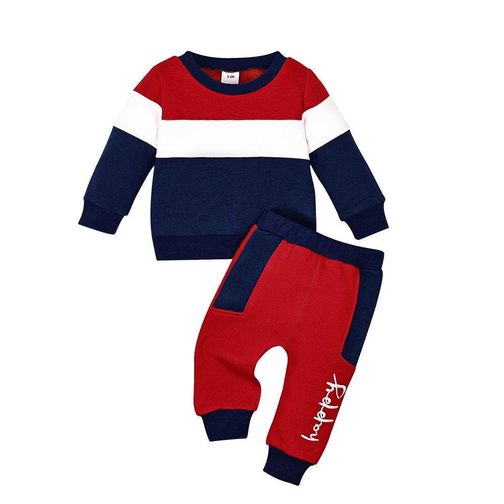 3 Month Baby Boy Clothes Toddler Boy Sweatshirt Patchwork Fall Winter Long Sleeve Shirt Pants Outfits Clothing Set Set Red 3-6Months