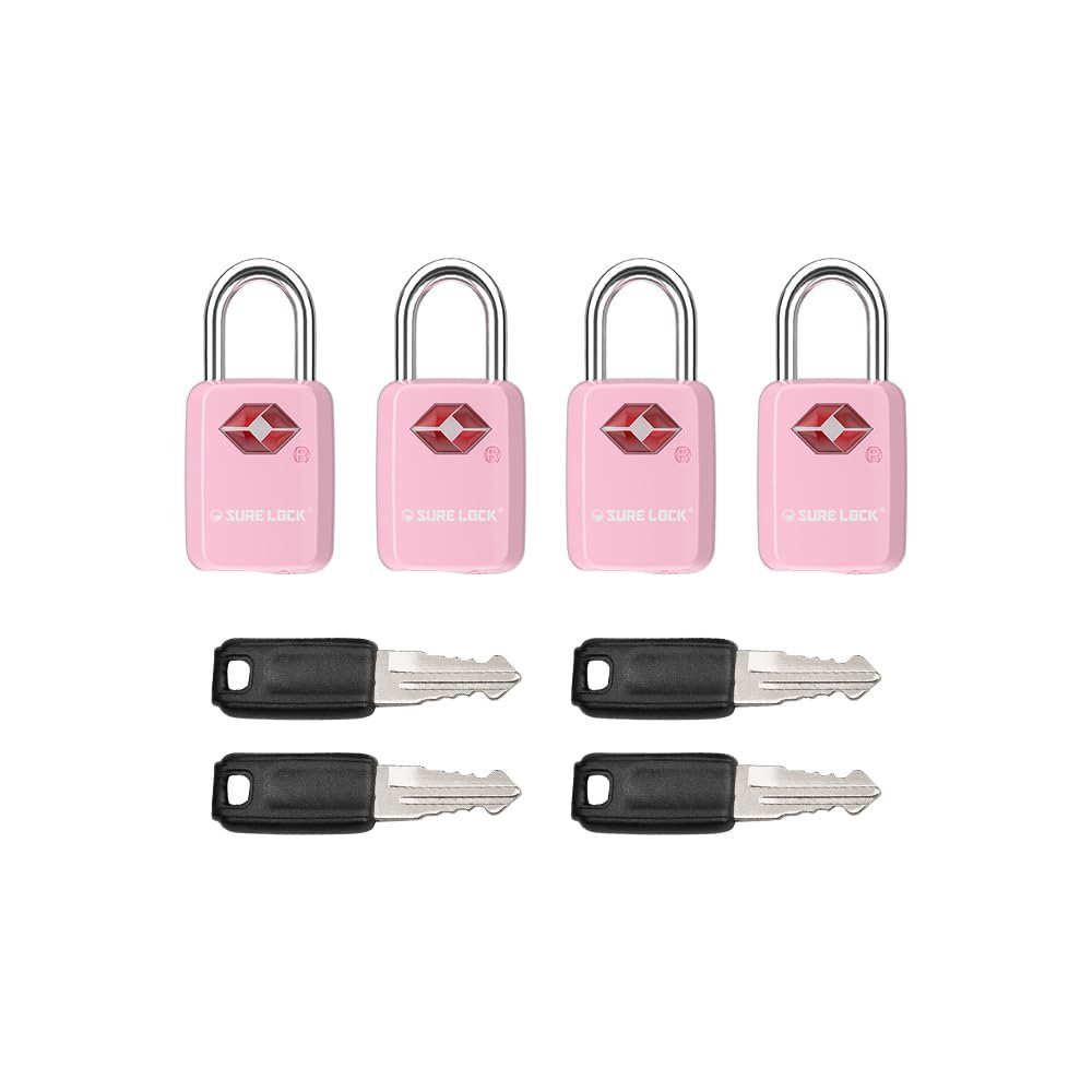 SURE LOCK TSA Approved Luggage Locks - One Key Opens All, Compact & Durable Zinc Alloy Travel Lock with Steel Shackle, Keyed Alike (Pink 4 Locks, Mini Size for Suitcase/Backpack/Gym Locker)