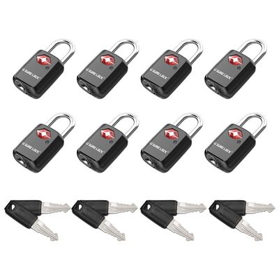 SURE LOCK TSA Approved Luggage Locks - One Key Opens All, Compact & Durable Zinc Alloy Travel Lock with Steel Shackle, Keyed Alike (Black 8 Locks, Mini Size for Suitcase/Backpack/Gym Locker)