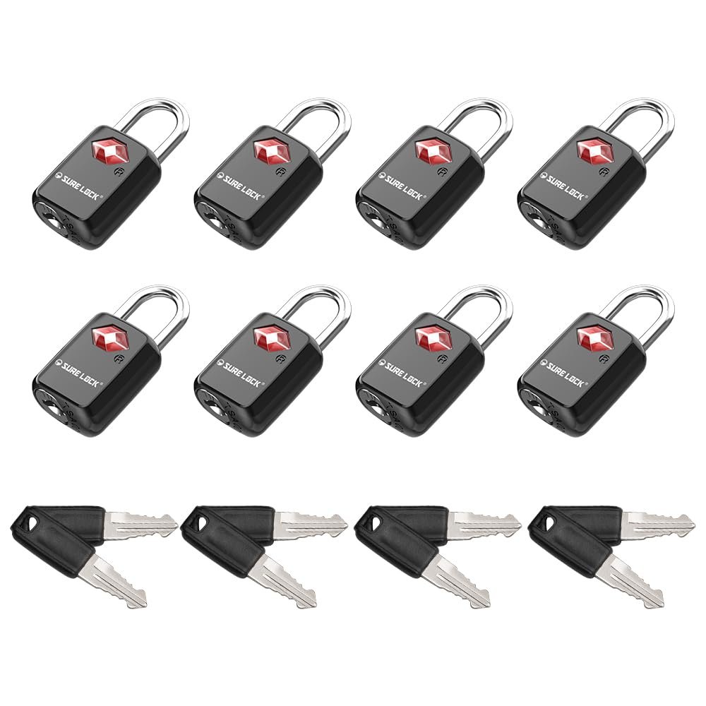 SURE LOCK TSA Approved Luggage Locks - One Key Opens All, Compact & Durable Zinc Alloy Travel Lock with Steel Shackle, Keyed Alike (Black 8 Locks, Mini Size for Suitcase/Backpack/Gym Locker)