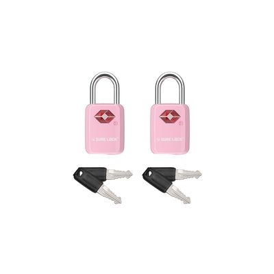 SURE LOCK TSA Approved Luggage Locks - One Key Opens All, Compact & Durable Zinc Alloy Travel Lock with Steel Shackle, Keyed Alike (Pink 2 Locks, Mini Size for Suitcase/Backpack/Gym Locker)