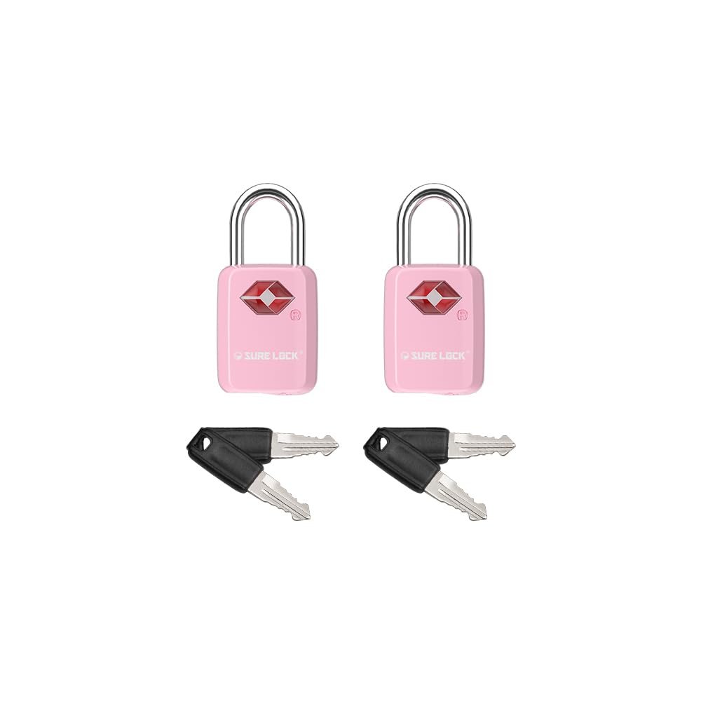 SURE LOCK TSA Approved Luggage Locks - One Key Opens All, Compact & Durable Zinc Alloy Travel Lock with Steel Shackle, Keyed Alike (Pink 2 Locks, Mini Size for Suitcase/Backpack/Gym Locker)