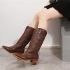 Cowboy Boots For Women Mid Calf Black Women's Cowgirl Embroidered Western Knee High Boots, Pointed Toe Medium Chunky Heel Stitching Pull On Cowboy Boots for Ladies view 3