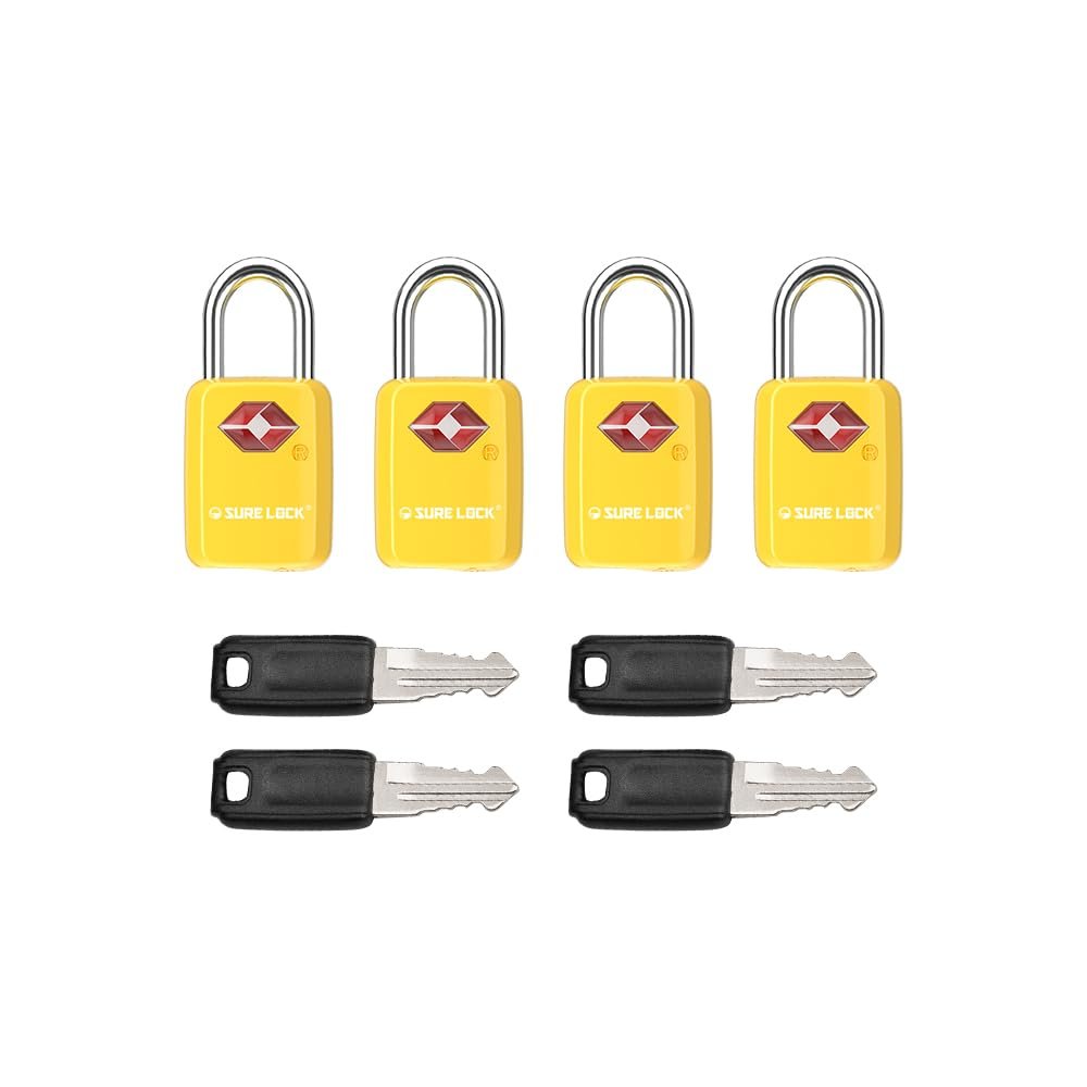 SURE LOCK Mini TSA Approved Keyed Luggage Locks, Yellow, 4-Pack