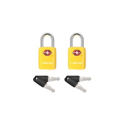 SURE LOCK TSA Approved Luggage Locks - One Key Opens All, Compact & Durable Zinc Alloy Travel Lock with Steel Shackle, Keyed Alike (Yellow 2 Locks, Mini Size for Suitcase/Backpack/Gym Locker)