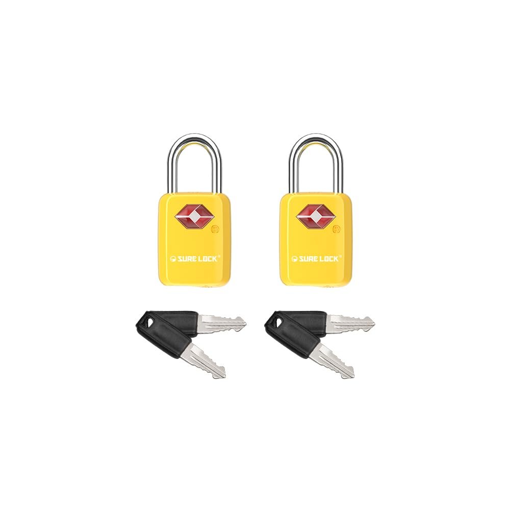 SURE LOCK TSA Approved Luggage Locks - One Key Opens All, Compact & Durable Zinc Alloy Travel Lock with Steel Shackle, Keyed Alike (Yellow 2 Locks, Mini Size for Suitcase/Backpack/Gym Locker)