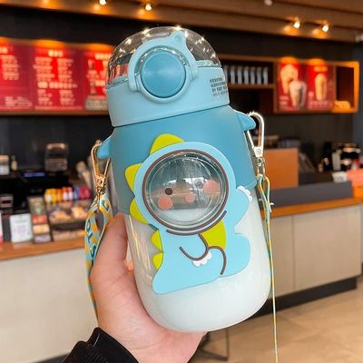 excvalues Kawaii Bear Water Bottle with Straw and Shoulder Strap, 25oz Cute Large Capacity Portable Water Bottles with 3D Stickers for Girls, School (Blue)