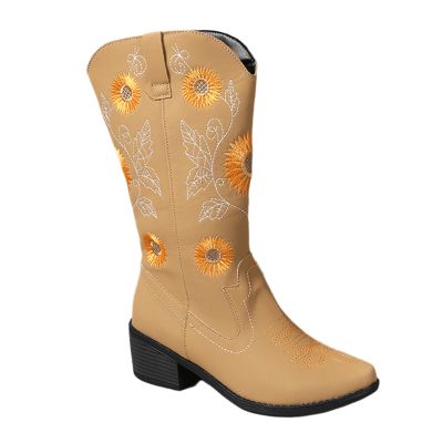Ladmiple Cowboy Boots For Women Mid Calf White Cowboy Boots for Women Embroidered Pull-On Chunky Stacked Heel Cowgirl Knee High Western Boots Wide Calf Mid Heel Retro Fashion Tall Boot
