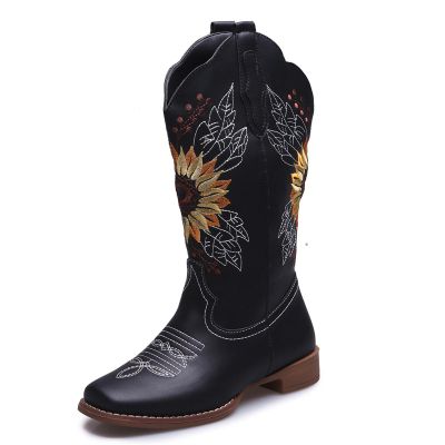 Womens Cowboy Boots Black Square Toe Cowboy Boots Women Western Boots Cowgirl Boots Ladies Pointy Toe Fashion Embroidered Knee High Stitching Almond Chunky Heel Retro Classic Boot Pull-On