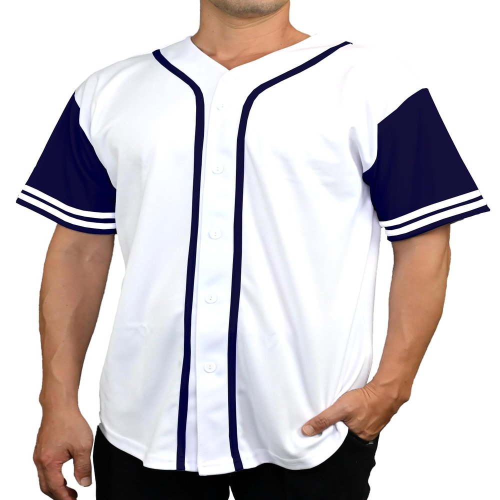 DIGITMON Men's Baseball Jersey Button Down Premium Two-Striped T Shirts Sports Uniform, WHITENAVY X-Large