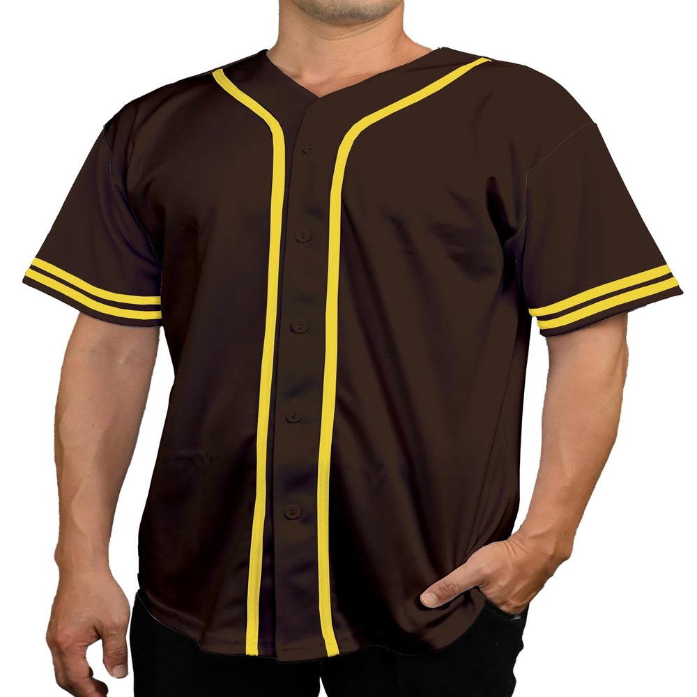 DIGITMON Men's Baseball Jersey Button Down Premium Two-Striped T Shirts Sports Uniform, BROWNYELLOW Large