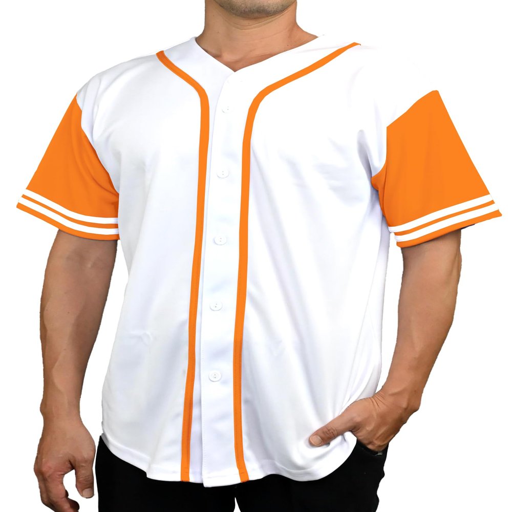 DIGITMON Men's Baseball Jersey Button Down Premium Two-Striped T Shirts Sports Uniform, WHITEORANGE Small