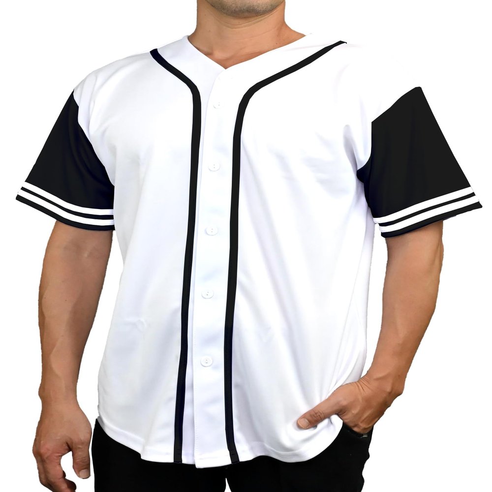 DIGITMON Men's Baseball Jersey Button Down Premium Two-Striped T Shirts Sports Uniform, WHITEBLACK Medium