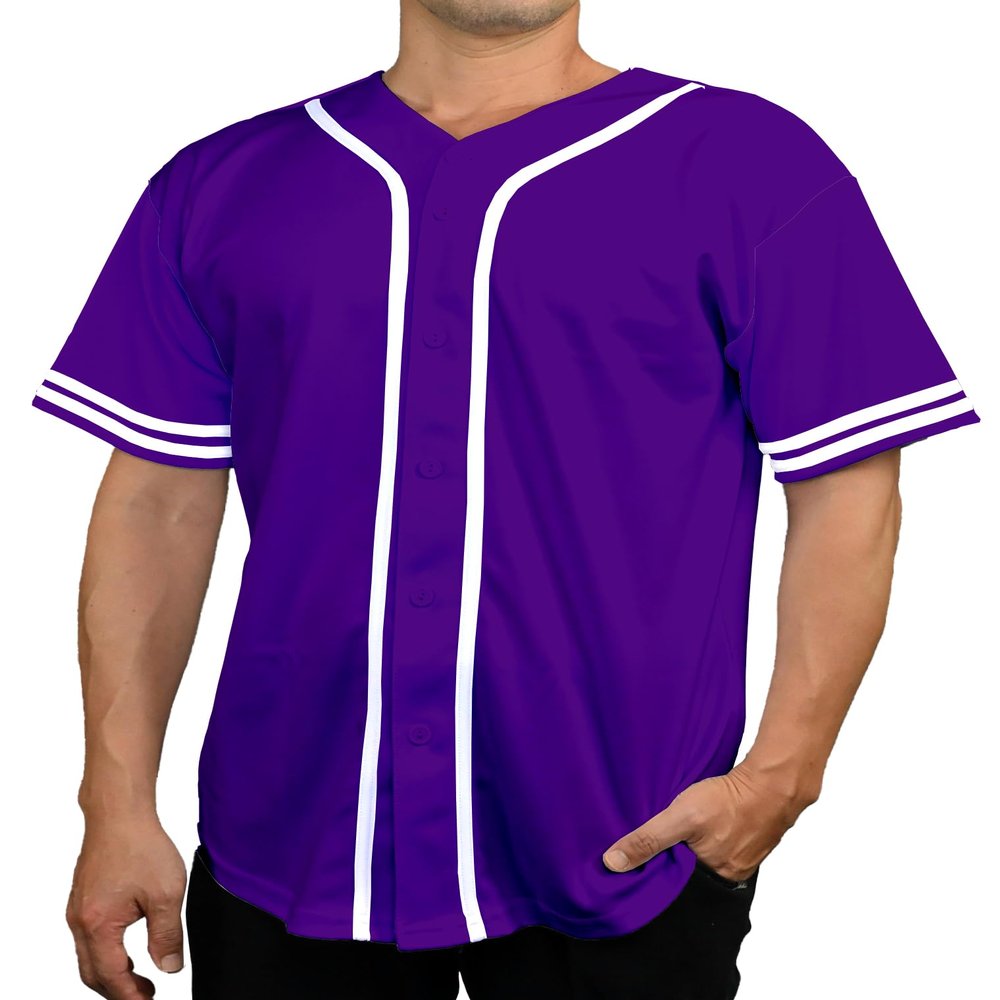 DIGITMON Men's Baseball Jersey Button Down Premium Two-Striped T Shirts Sports Uniform, PURPLEWHITE Small