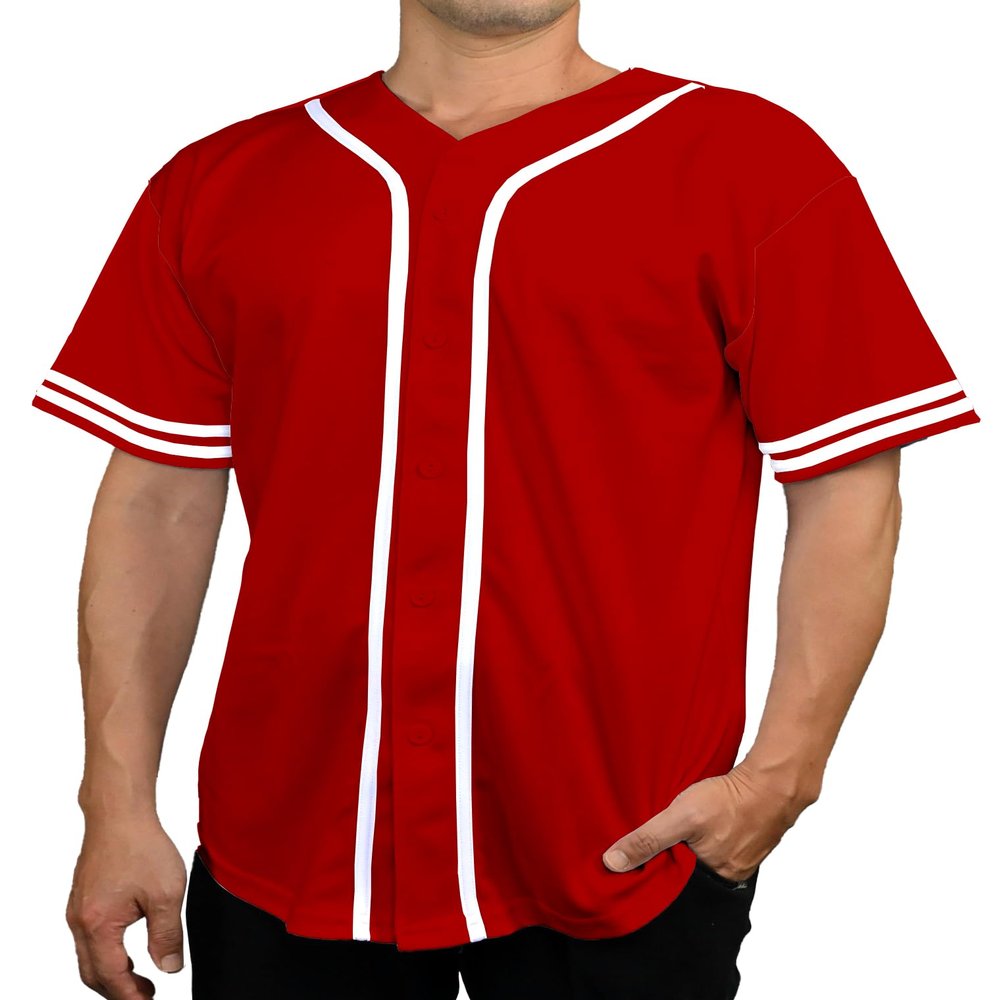 DIGITMON Men's Baseball Jersey Button Down Premium Two-Striped T Shirts Sports Uniform, Redwhite 2X-Large