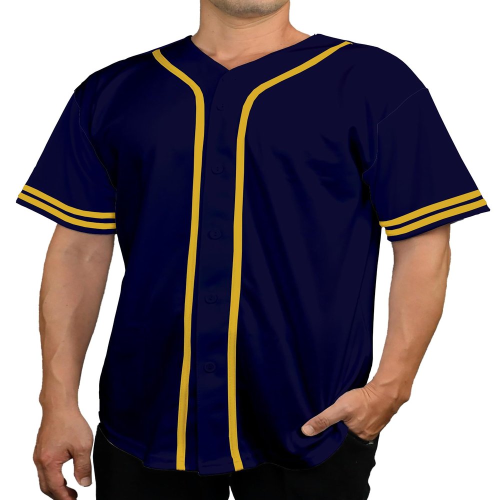 DIGITMON Men's Baseball Jersey Button Down Premium Two-Striped T Shirts Sports Uniform, NAVYGOLD Small