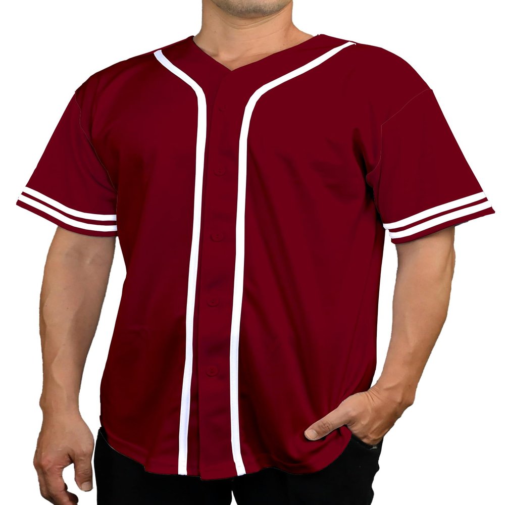 DIGITMON Men's Baseball Jersey Button Down Premium Two-Striped T Shirts Sports Uniform, BURGUNDYWHITE Large