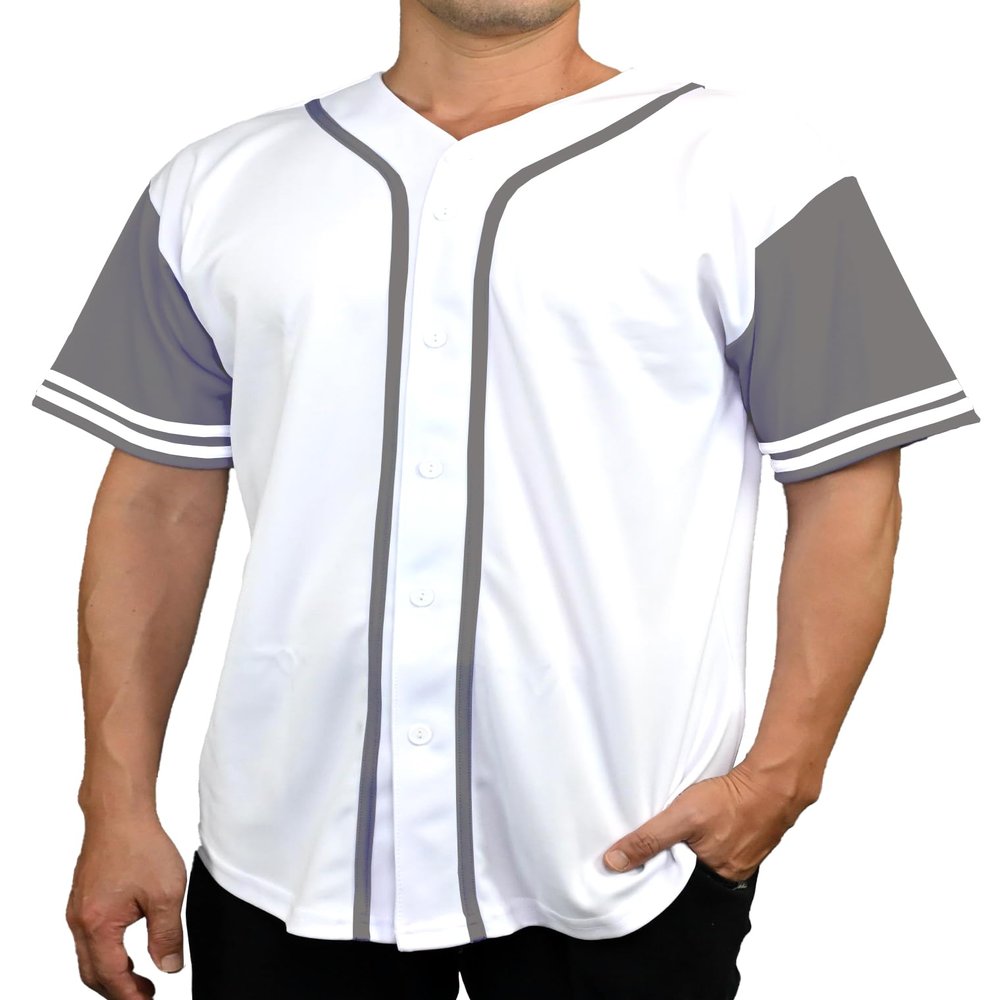 DIGITMON Men's Baseball Jersey Button Down Premium Two-Striped T Shirts Sports Uniform, WHITEGREY Medium