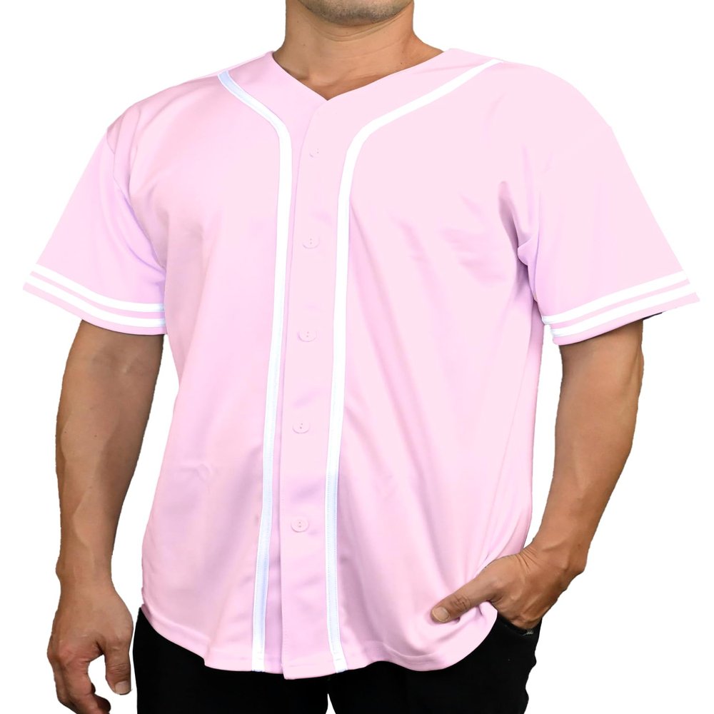 DIGITMON Men's Baseball Jersey Button Down Premium Two-Striped T Shirts Sports Uniform, PINKWHITE 2X-Large