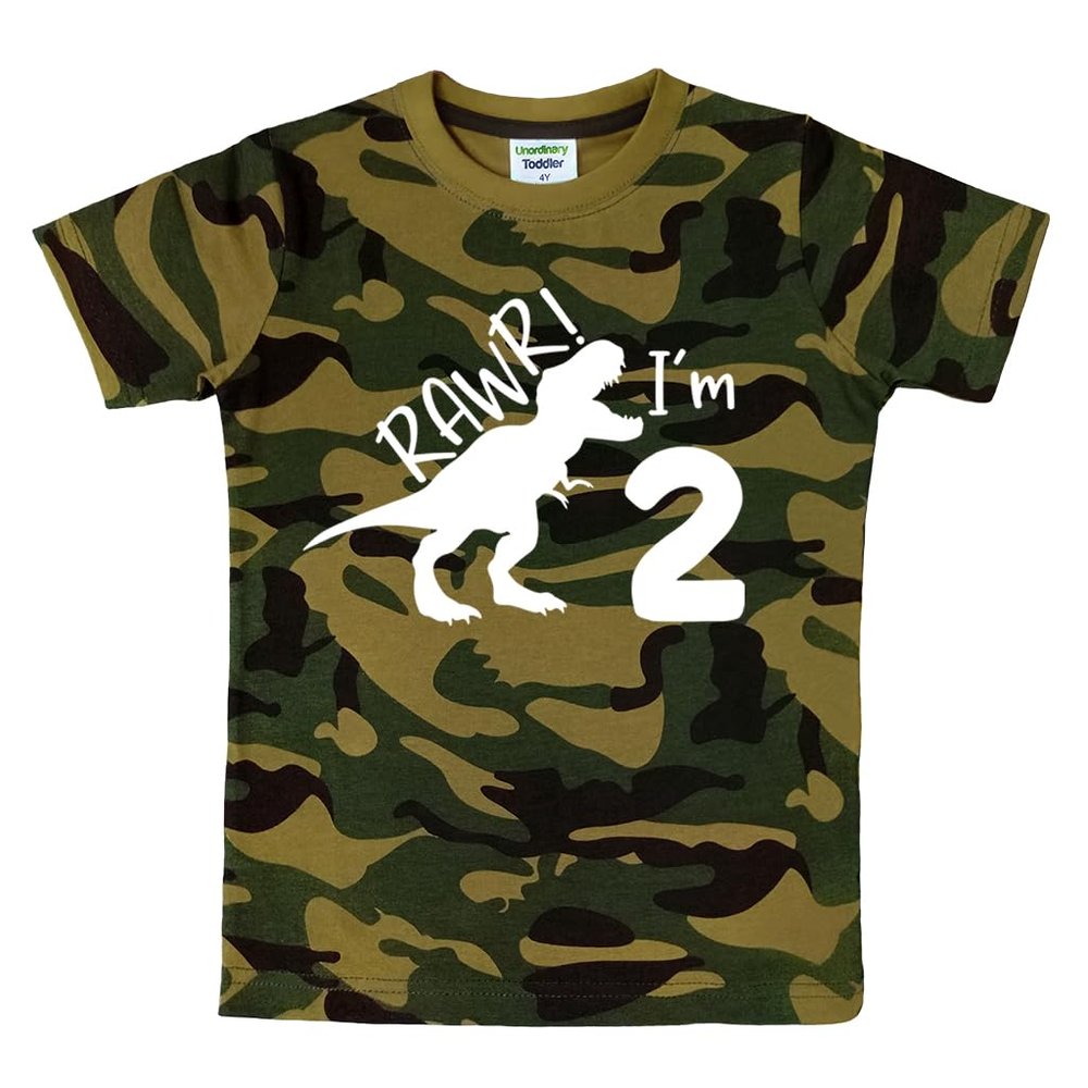 2nd Birthday Shirt boy Dinosaur rawr im 2 Toddler Two Year Old Second Dino Outfit (as1, Age, 3_Years, Camo)