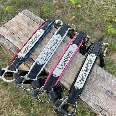 Leaders 3/4" Leather Halter for Horses with Customized Engraved Name Plate, Leather Halter with Name Plate, Leather Halter with Leather Piping Trim (Horse Size Black/Navy Blue)