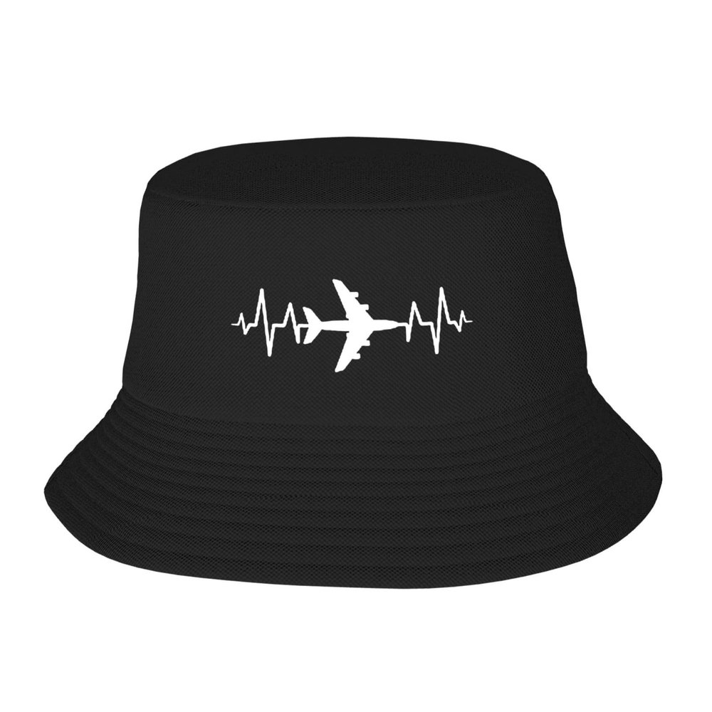 fwoeqiz Airplane Pilot Heartbeat Bucket Hat Fisherman Hats Trendy Sunhat for Men Women Beach Cap Black