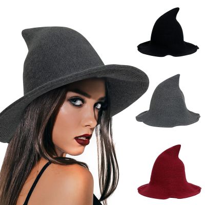 GUOQIANG Halloween Adult Modern Witch Hats for Women - Gray Witches Hat Womans Witch Costume Accessories Wool Knit Halloween Party Witch Hat