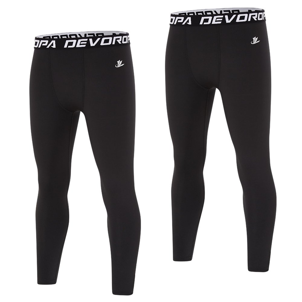 DEVOROPA Boys Leggings Quick Dry Youth Compression Pants Sports Tights Basketball Base Layer 2 Pack Black/Black XS
