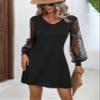 Contrast Lace Lantern Sleeve Dress (Color : Black, Size : X-Small) view 4