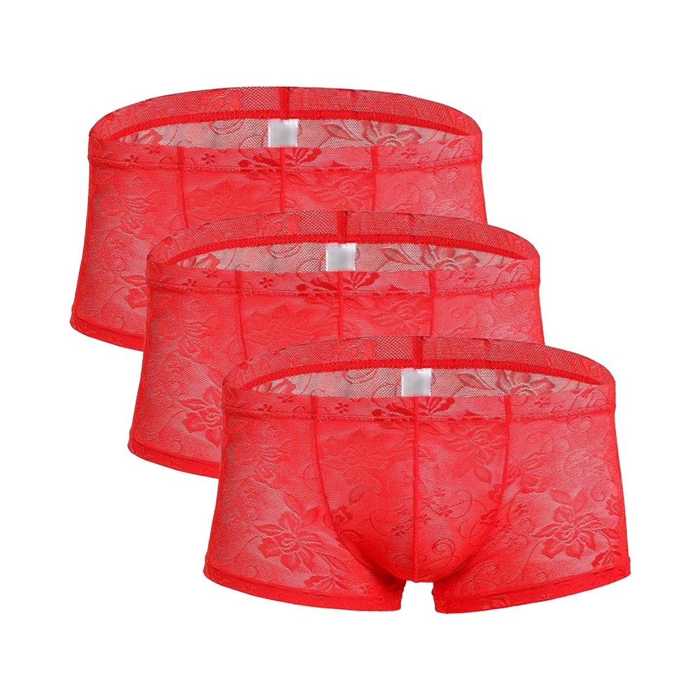Men's Low Waist Lace U Convex Panties Sexy Breathable Boxer Briefs Shaping Buttocks Underwear (Red 3pc,X-Large)